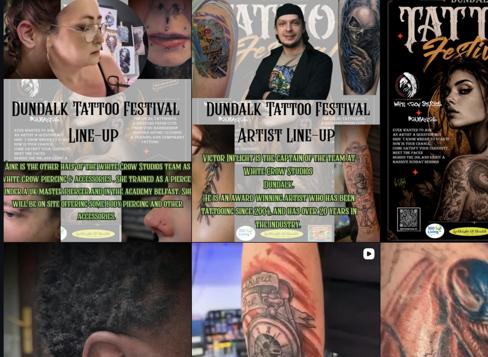 Recent White Crow Studios Instagram posts showing tattoo festival posters, piercings, and tattoo work